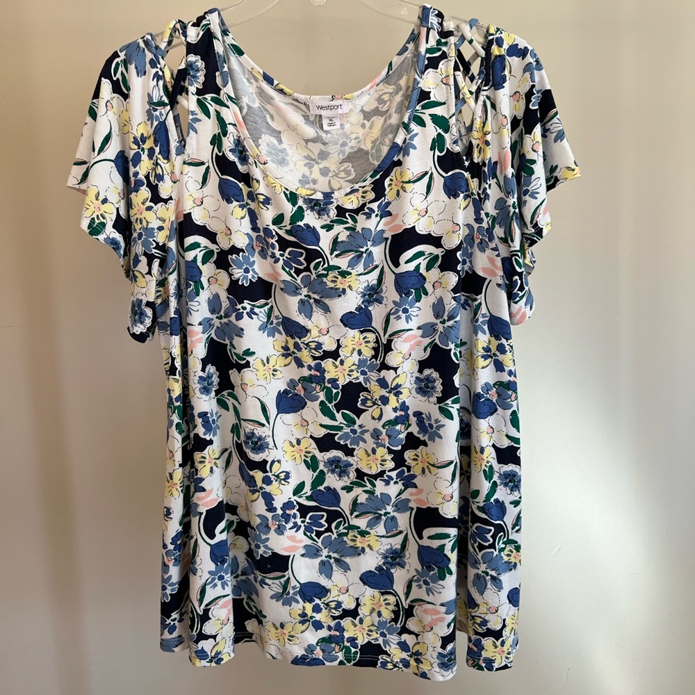 Blue multi colored floral top